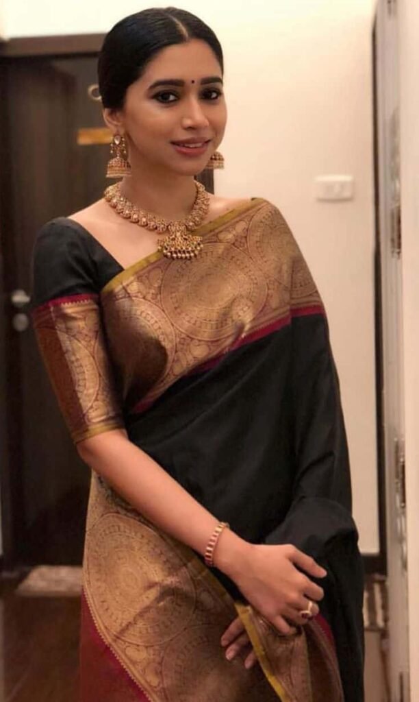 Black Saree with Golden Border Blouse Design