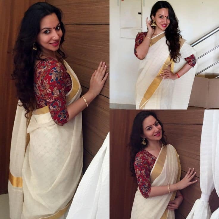 Kalamkari Blouse Designs with Kerala Saree
