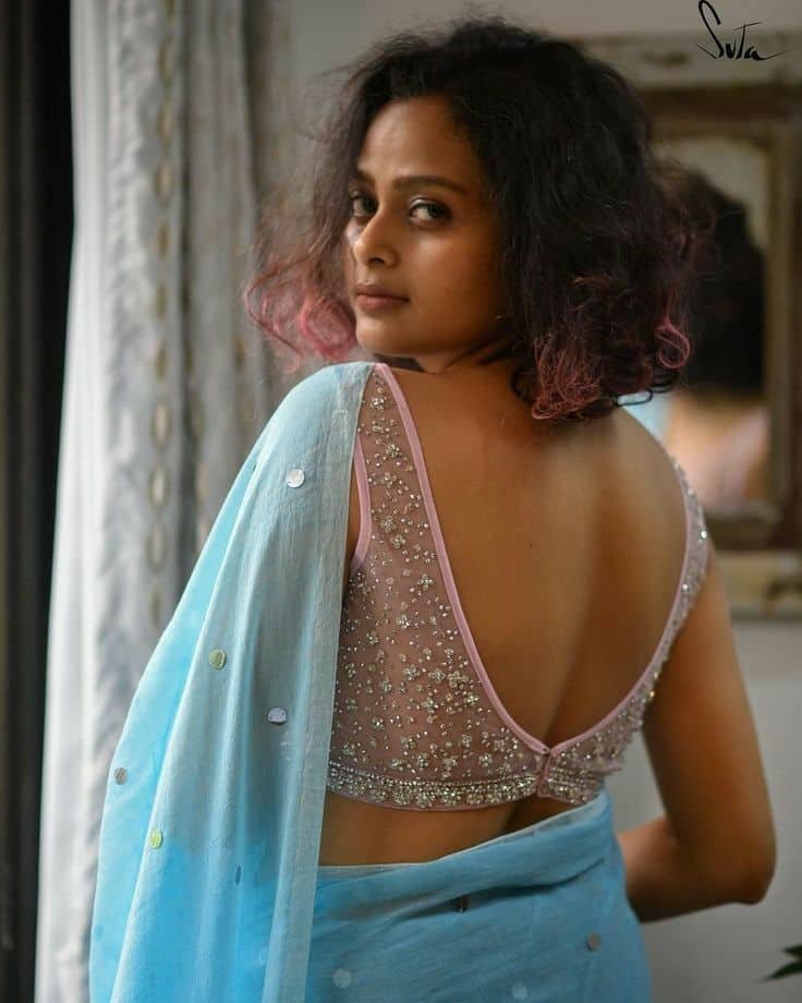 Deep Back Neck Net Blouse Designs