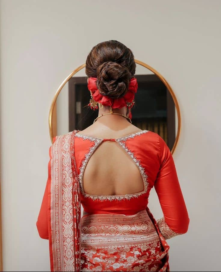 Boat Neck Back Blouse Designs with Full Sleeves