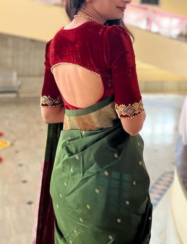 Velvet Boat Neck Back Blouse Design
