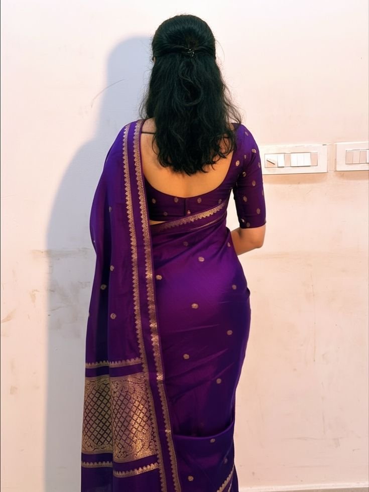 Back Neck Silk Saree Purple Blouse Designs