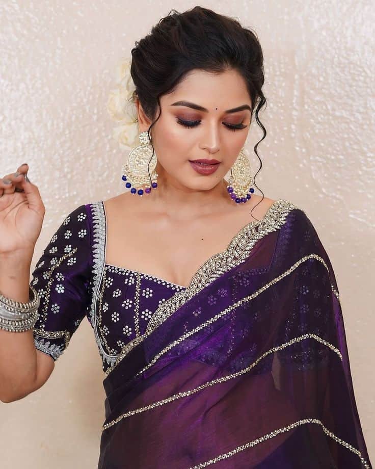 Embroidery Silk Saree Purple Blouse Designs