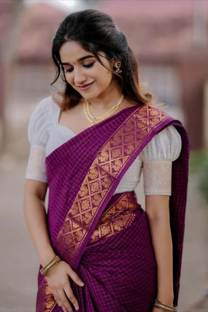 Purple Silk Saree With White Blouse