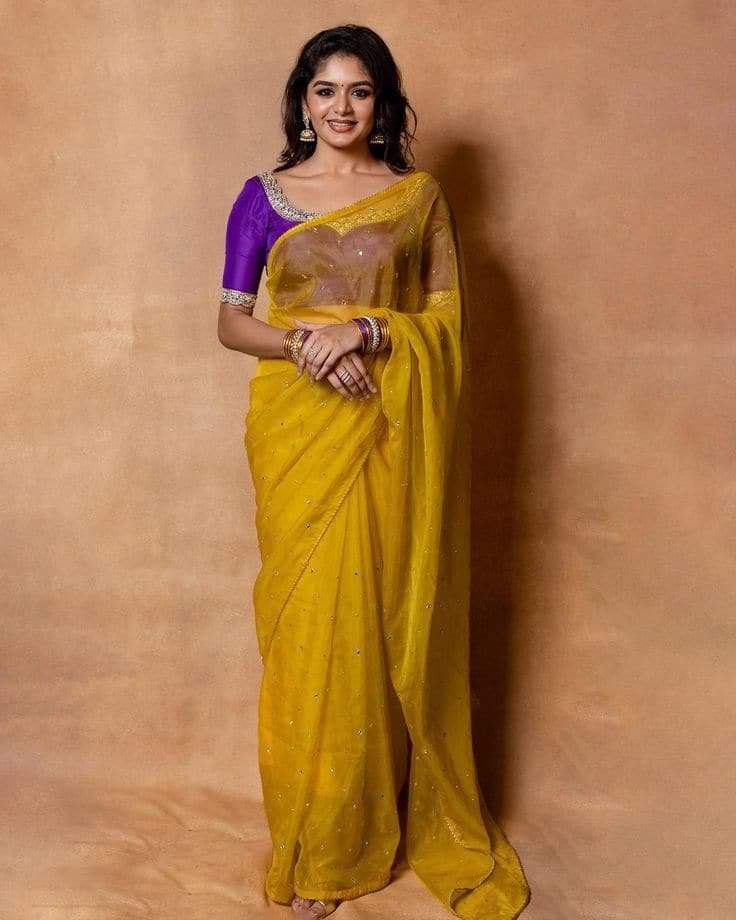 Yellow Silk Saree With Purple Blouse