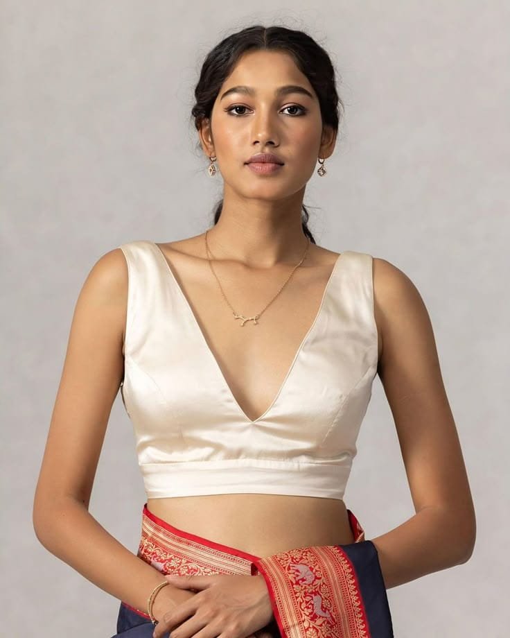 V Neck Front Blouse Designs for Slim Look